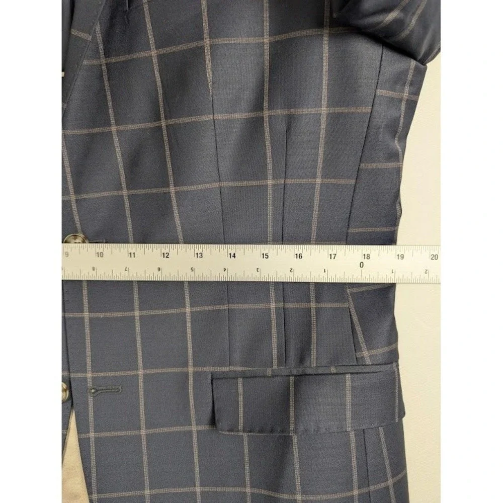 Maceoo Descarte Blazer Mens 38/2 Small Navy Blue Tan‎ Windowpane Plaid Wool